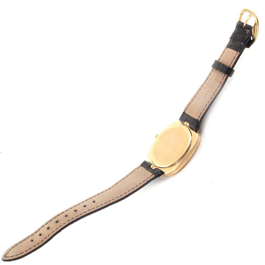 The image shows a rear view of the watch case and strap of the Patek Philippe Golden Ellipse 3605 Men's Yellow Gold Blue Dial 3605 Men's Yellow Gold Blue Dial.