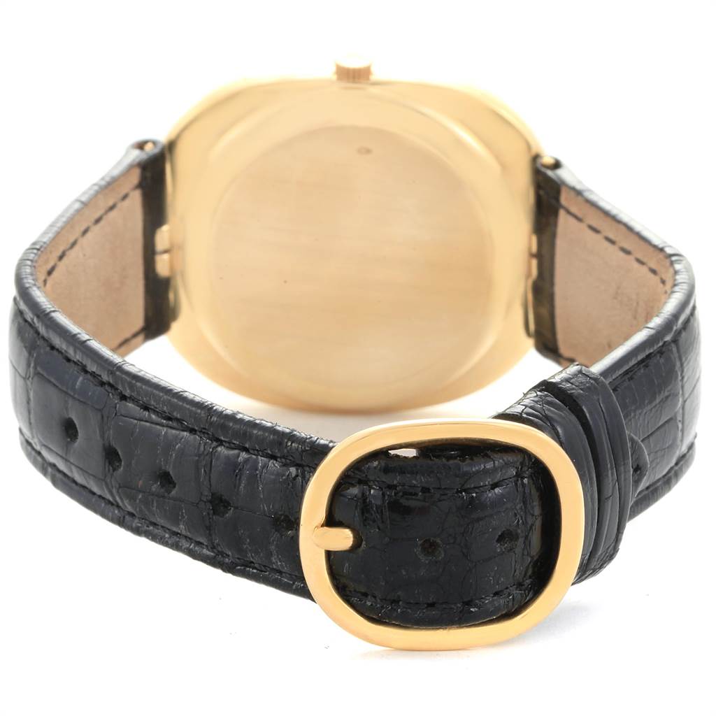 The image shows the back and strap of a Patek Philippe Golden Ellipse 3605 Men's Yellow Gold Blue Dial 3605 Men's Yellow Gold Blue Dial watch at a slight upward angle.