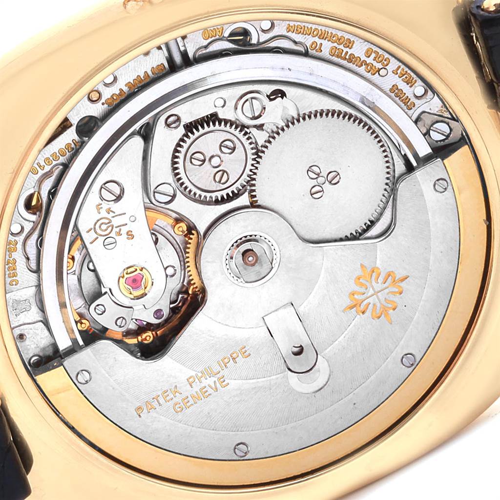 The image shows the back view of the movement and internal mechanisms of the Patek Philippe Golden Ellipse 3605 Men's Yellow Gold Blue Dial 3605 Men's Yellow Gold Blue Dial watch.