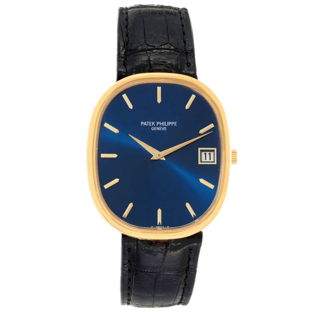 This image shows the front view of a Patek Philippe Golden Ellipse 3605 Men's Yellow Gold Blue Dial 3605 Men's Yellow Gold Blue Dial watch, highlighting its blue dial, gold case, and black leather strap.