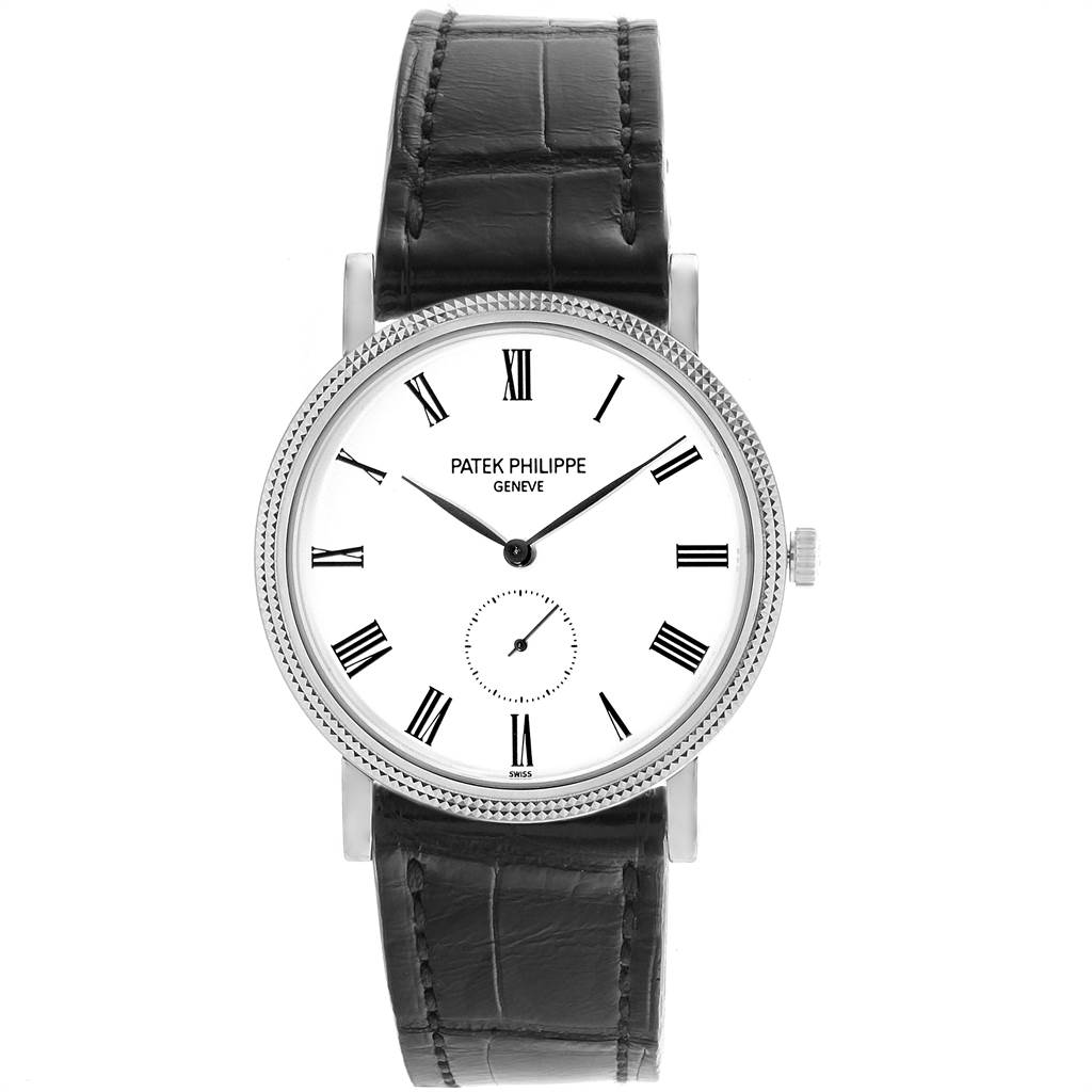 The image shows a front view of the Patek Philippe Calatrava 5119G Men's White Gold White Dial 5119G Men's White Gold White Dial watch with a white dial and black leather strap.