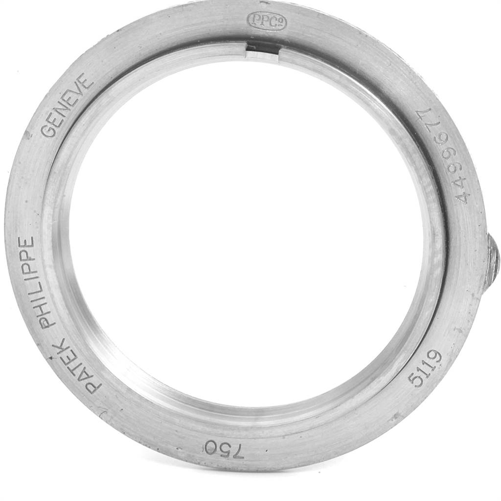 This image shows the case ring of a Patek Philippe Calatrava 5119G Men's White Gold White Dial 5119G Men's White Gold White Dial model with clear engravings on its inner and outer circumference.