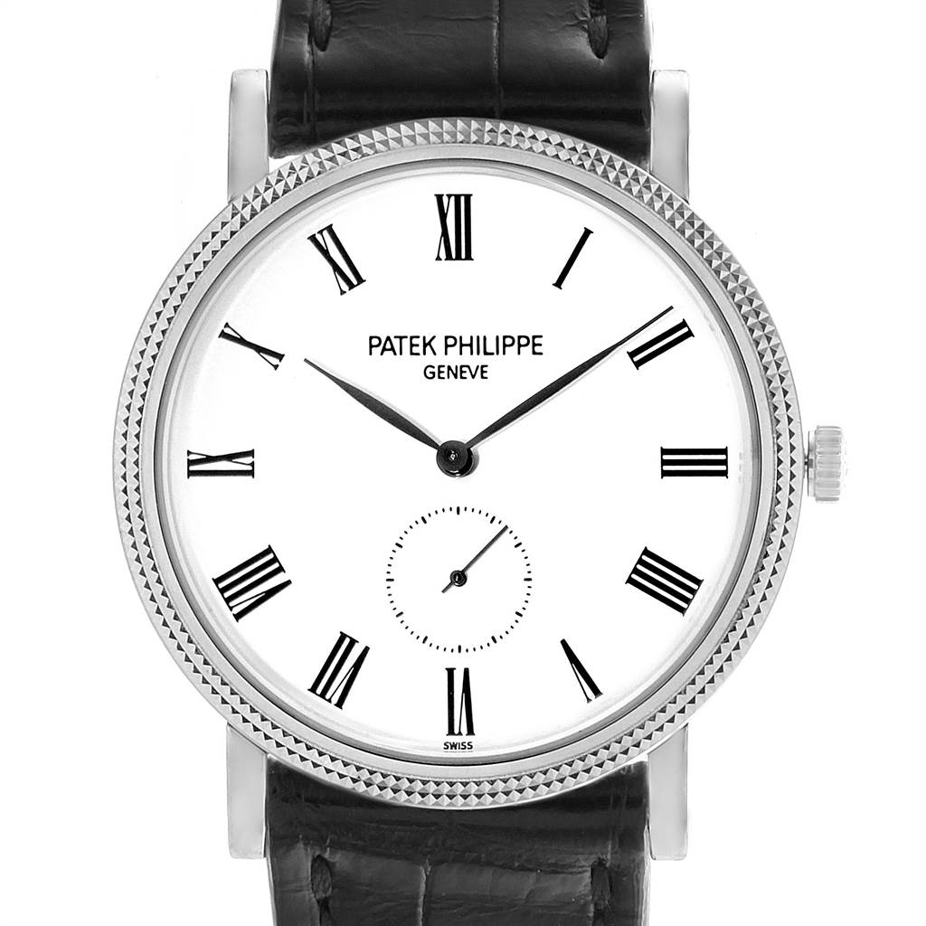 This image shows a front view of a Patek Philippe Calatrava 5119G Men's White Gold White Dial 5119G Men's White Gold White Dial watch, highlighting the dial, Roman numerals, and leather strap.