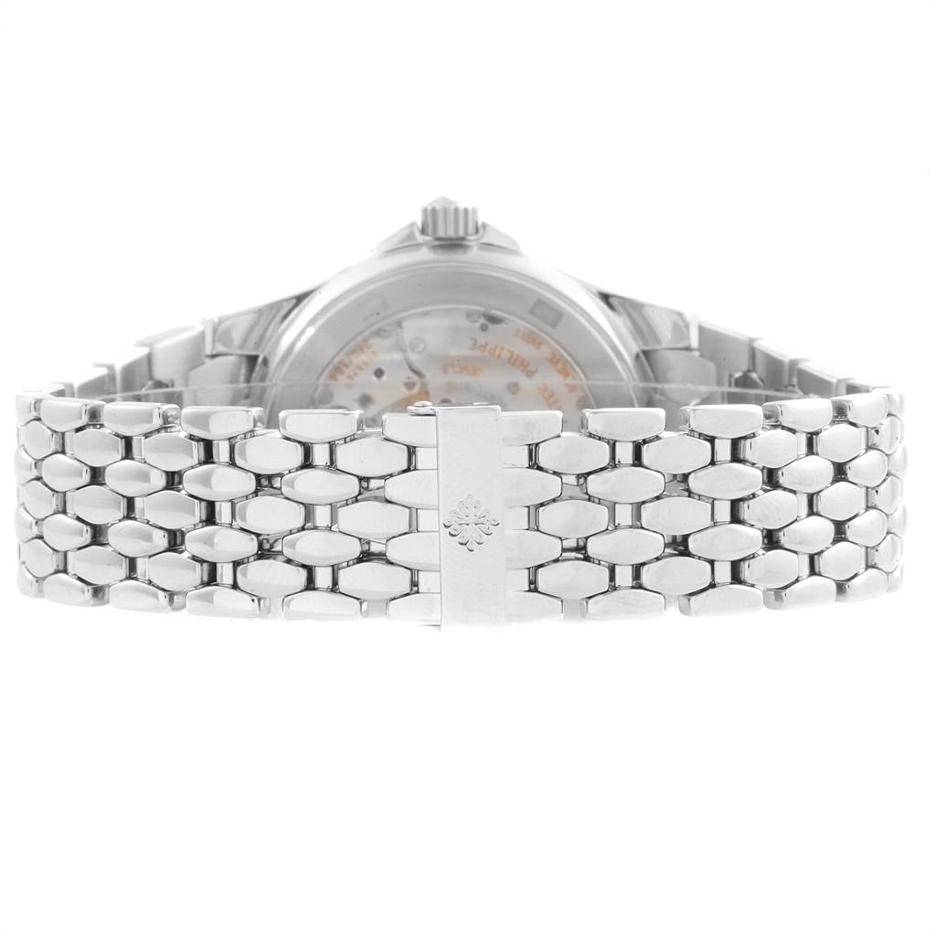 This image shows the rear view of a Patek Philippe Neptune 5085A/1A-001 Men's Stainless Steel Black Dial 5085A/1A-001 Men's Stainless Steel Black Dial model watch, highlighting the bracelet and clasp.