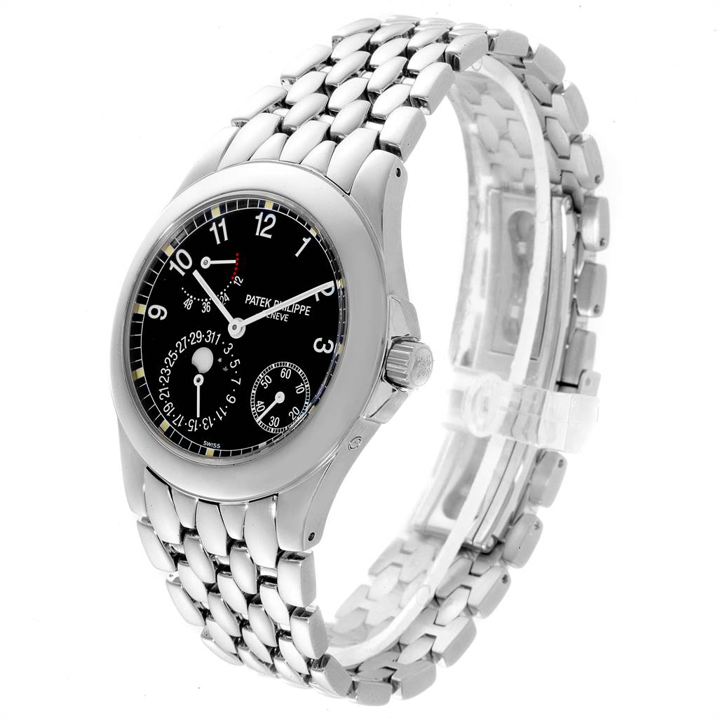 The image shows the Patek Philippe Neptune 5085A/1A-001 Men's Stainless Steel Black Dial 5085A/1A-001 Men's Stainless Steel Black Dial model watch from an angled front-right view, displaying its face and stainless steel bracelet.