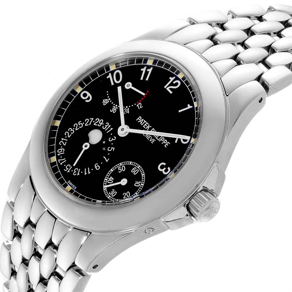 The image shows a close-up of the Patek Philippe Neptune 5085A/1A-001 Men's Stainless Steel Black Dial 5085A/1A-001 Men's Stainless Steel Black Dial model watch, highlighting its face, bezel, and partial band.