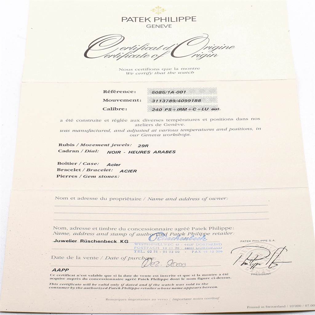 The image shows a certificate of origin for the Neptune model by Patek Philippe, detailing the movement, case, and bracelet.