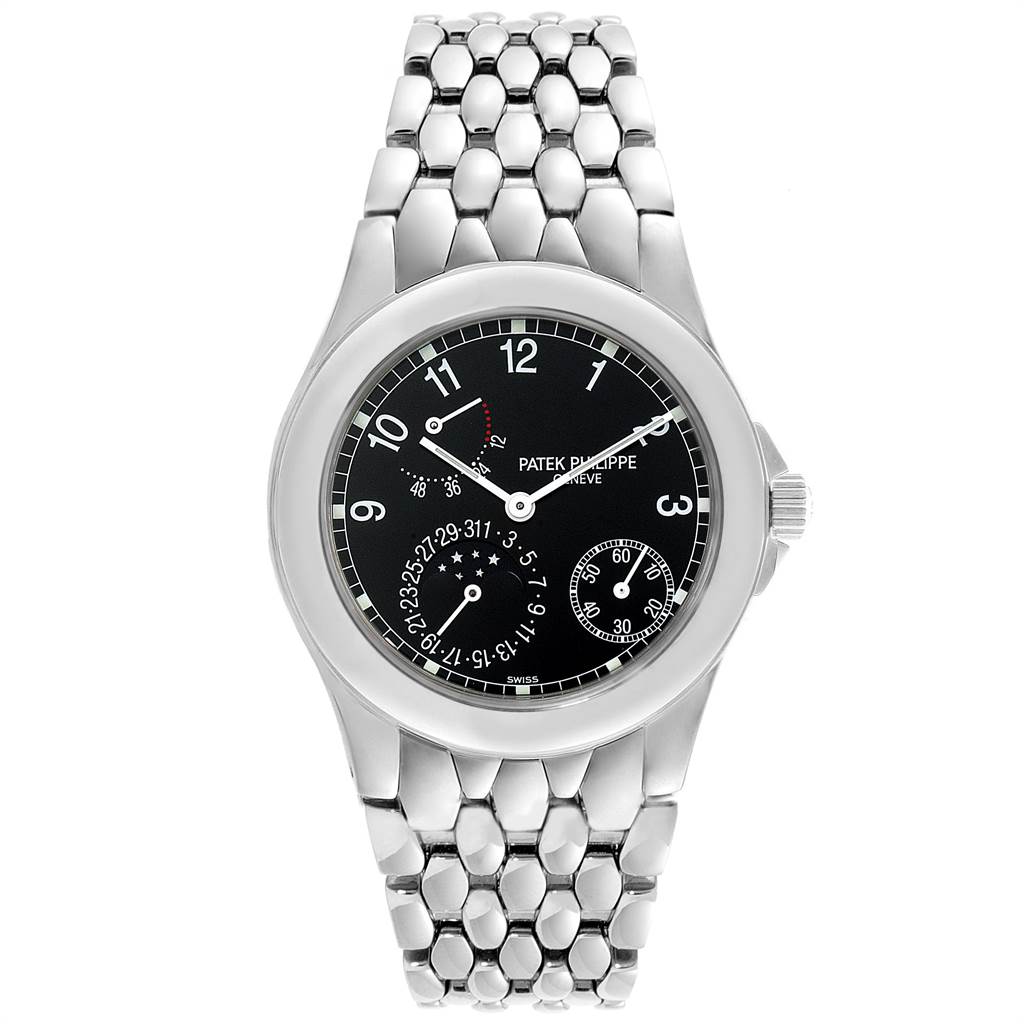 The image shows a frontal view of the Patek Philippe Neptune 5085A/1A-001 Men
s Stainless Steel Black Dial 5085A/1A-001 Men
s Stainless Steel Black Dial model watch, highlighting its face, bezel, and bracelet.