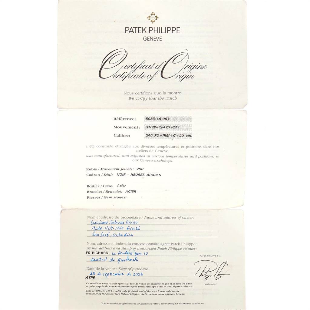 This image shows the Certificate of Origin for the Neptune model by Patek Philippe, detailing reference, movement, and caliber.