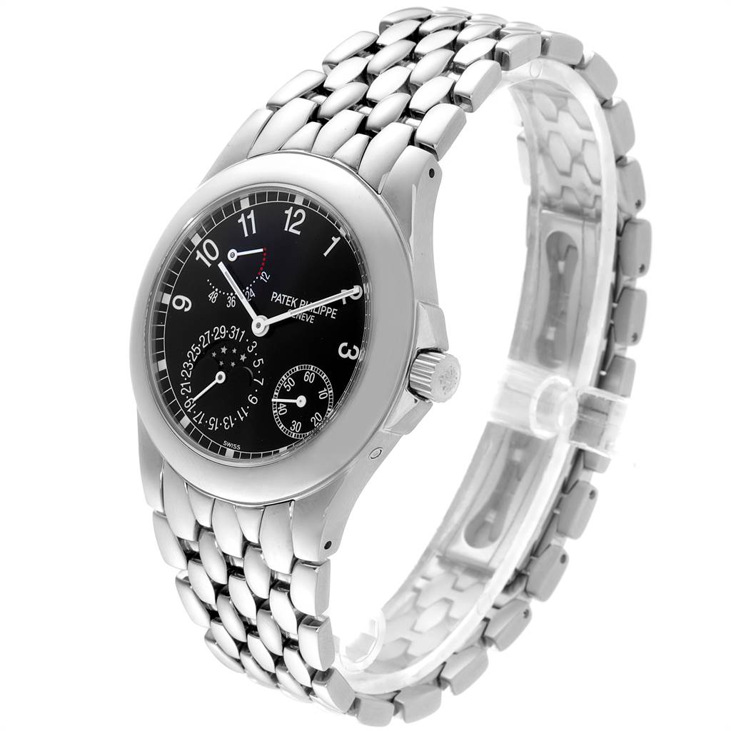 The image shows a Patek Philippe Neptune 5085A/1A-001 Men
s Stainless Steel Black Dial 5085A/1A-001 Men
s Stainless Steel Black Dial model watch at a slight angle, displaying its face, bezel, crown, and metal bracelet.