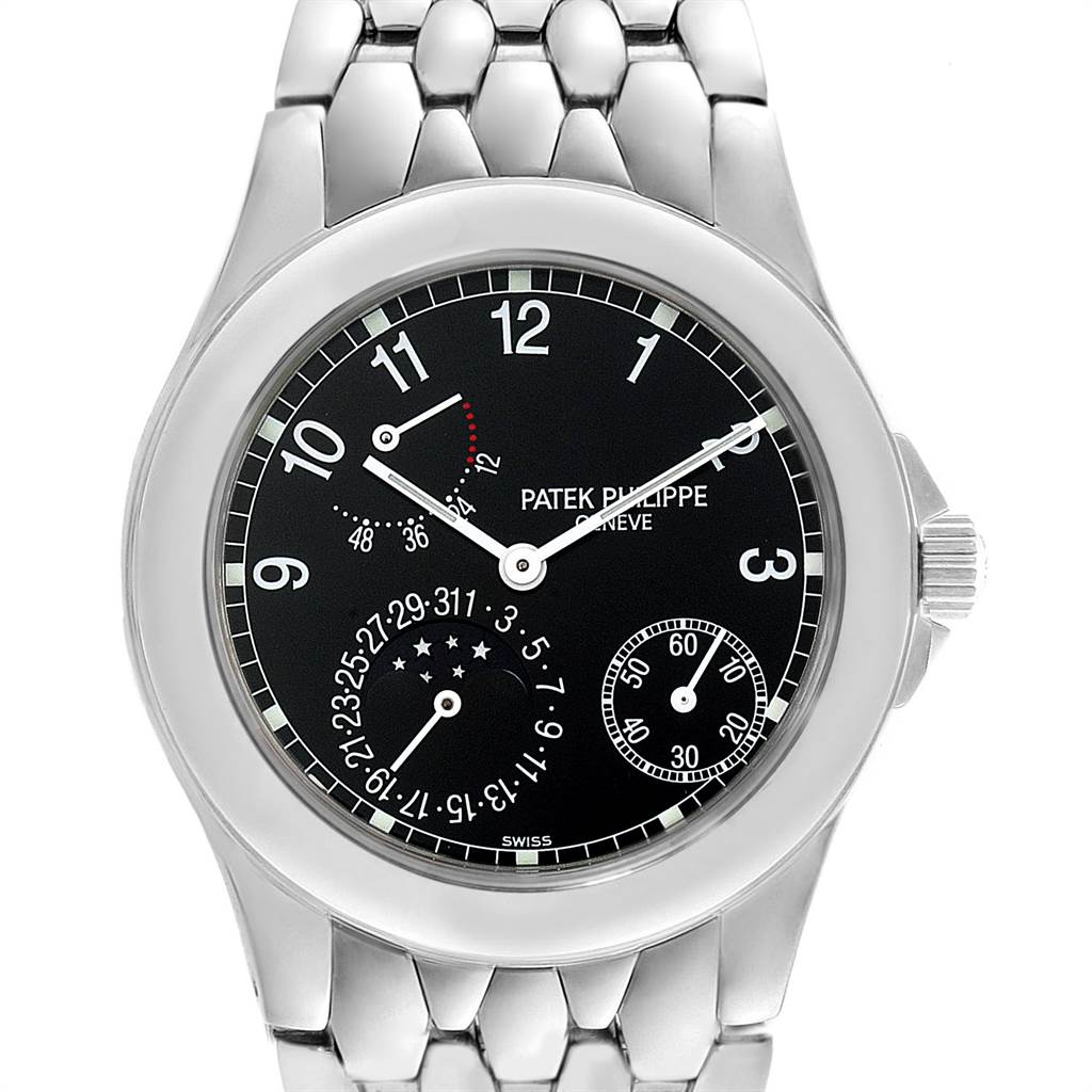 The image shows a front view of the Patek Philippe Neptune 5085A/1A-001 Men
s Stainless Steel Black Dial 5085A/1A-001 Men
s Stainless Steel Black Dial watch, highlighting its black dial and silver bracelet.
