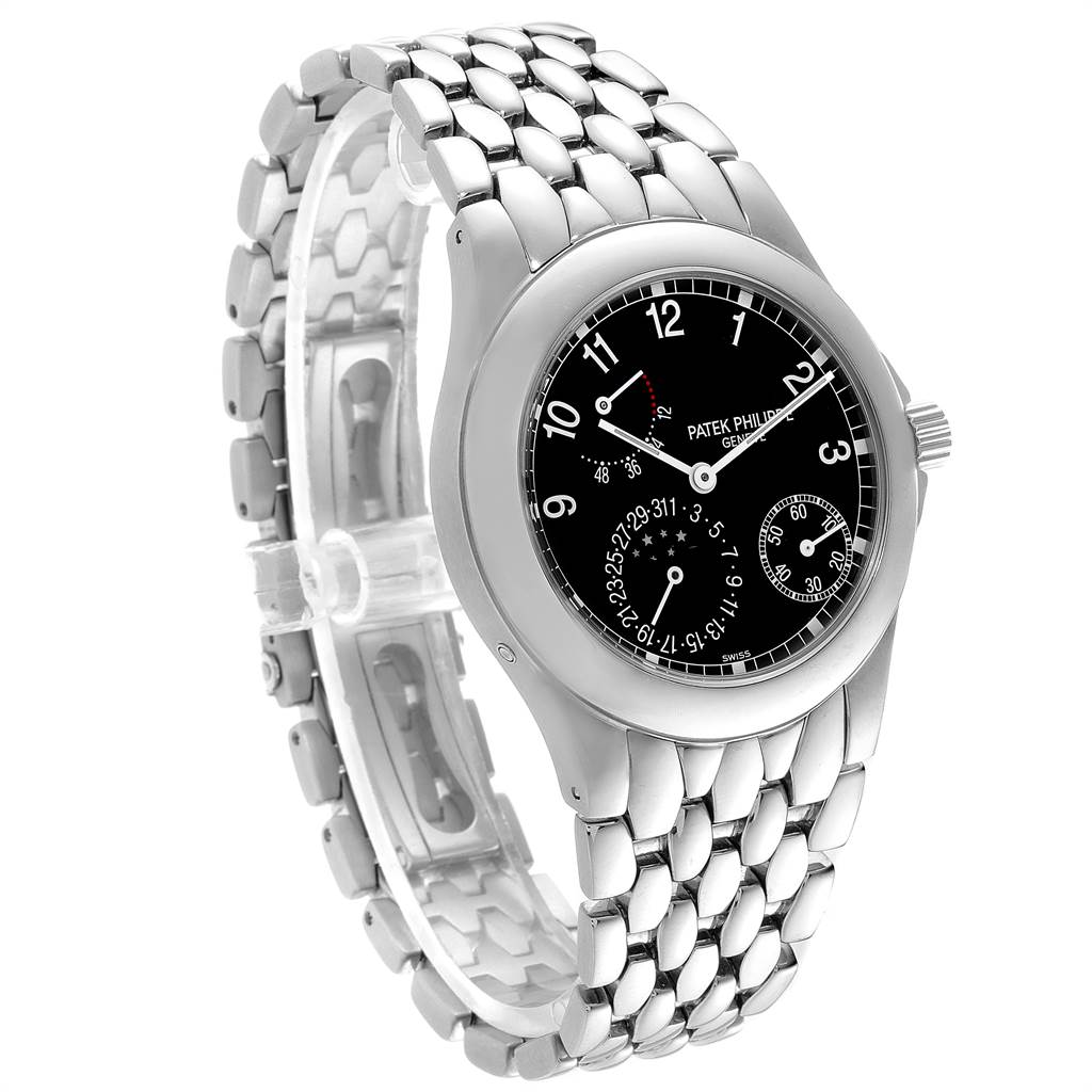 The image shows a left-side angle of the Patek Philippe Neptune 5085A/1A-001 Men
s Stainless Steel Black Dial 5085A/1A-001 Men
s Stainless Steel Black Dial watch, highlighting its face and stainless steel band.