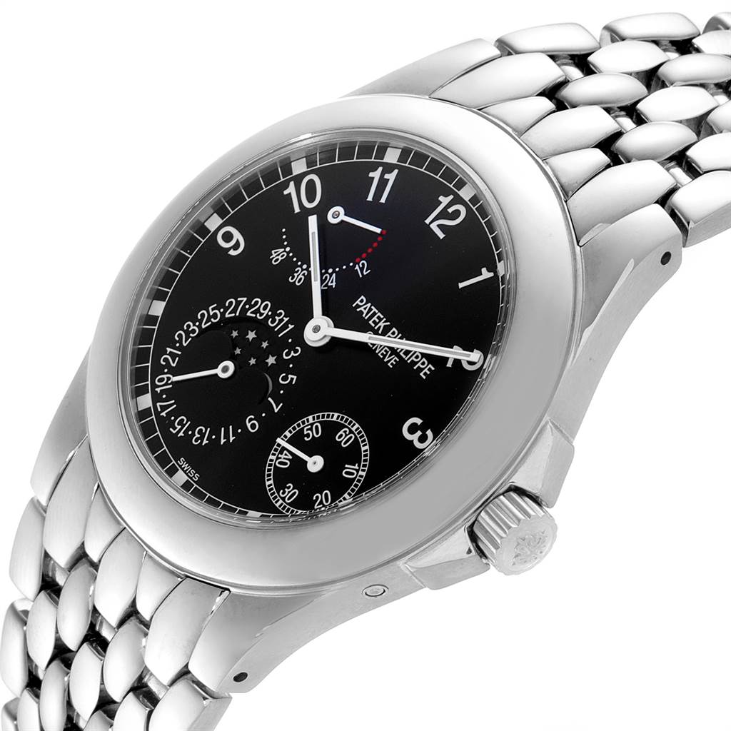 The image shows a Patek Philippe Neptune 5085A/1A-001 Men
s Stainless Steel Black Dial 5085A/1A-001 Men
s Stainless Steel Black Dial model watch at an angled close-up, highlighting the dial, bezel, crown, and bracelet.