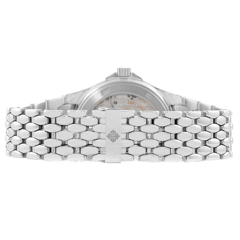 The image shows the back view of a Patek Philippe Neptune 5085A/1A-001 Men
s Stainless Steel Black Dial 5085A/1A-001 Men
s Stainless Steel Black Dial watch, highlighting its bracelet and clasp.