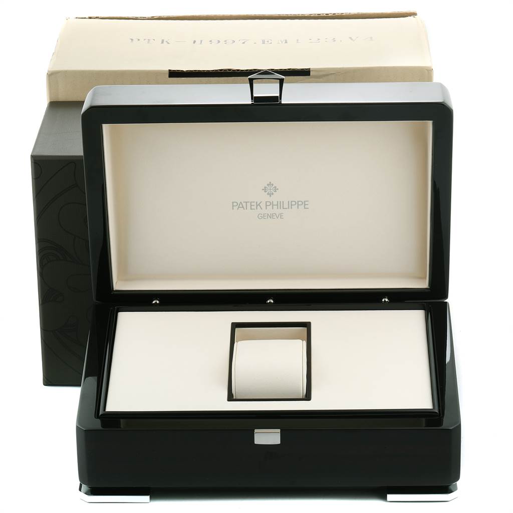 The image shows a Patek Philippe Neptune 5085A/1A-001 Men
s Stainless Steel Black Dial 5085A/1A-001 Men
s Stainless Steel Black Dial model watch box, open with its interior and exterior parts visible.