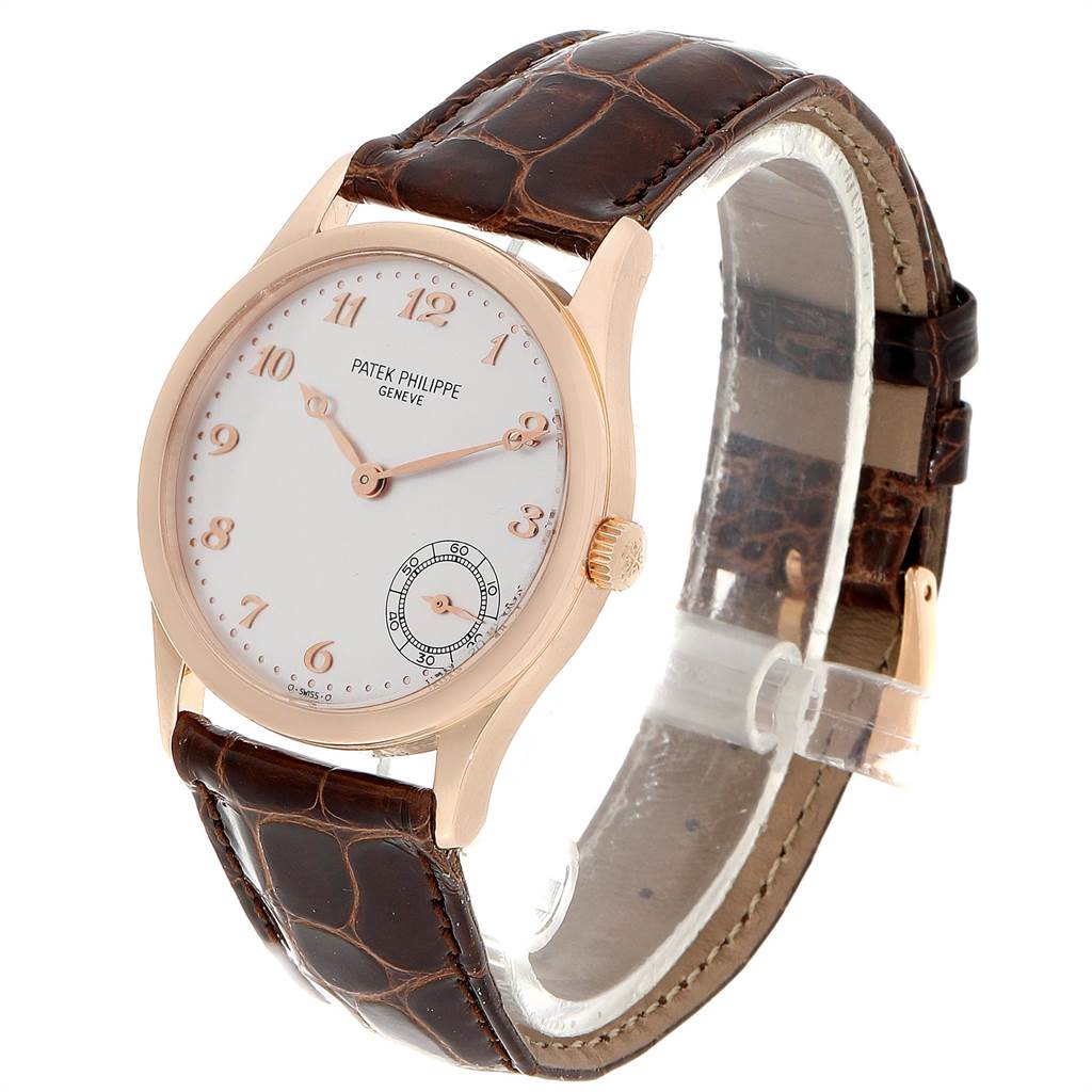 The image shows the Patek Philippe Calatrava 5026R Men
s Rose Gold Silver Dial 5026R Men
s Rose Gold Silver Dial watch at a three-quarter angle, highlighting the dial, case, and leather strap.