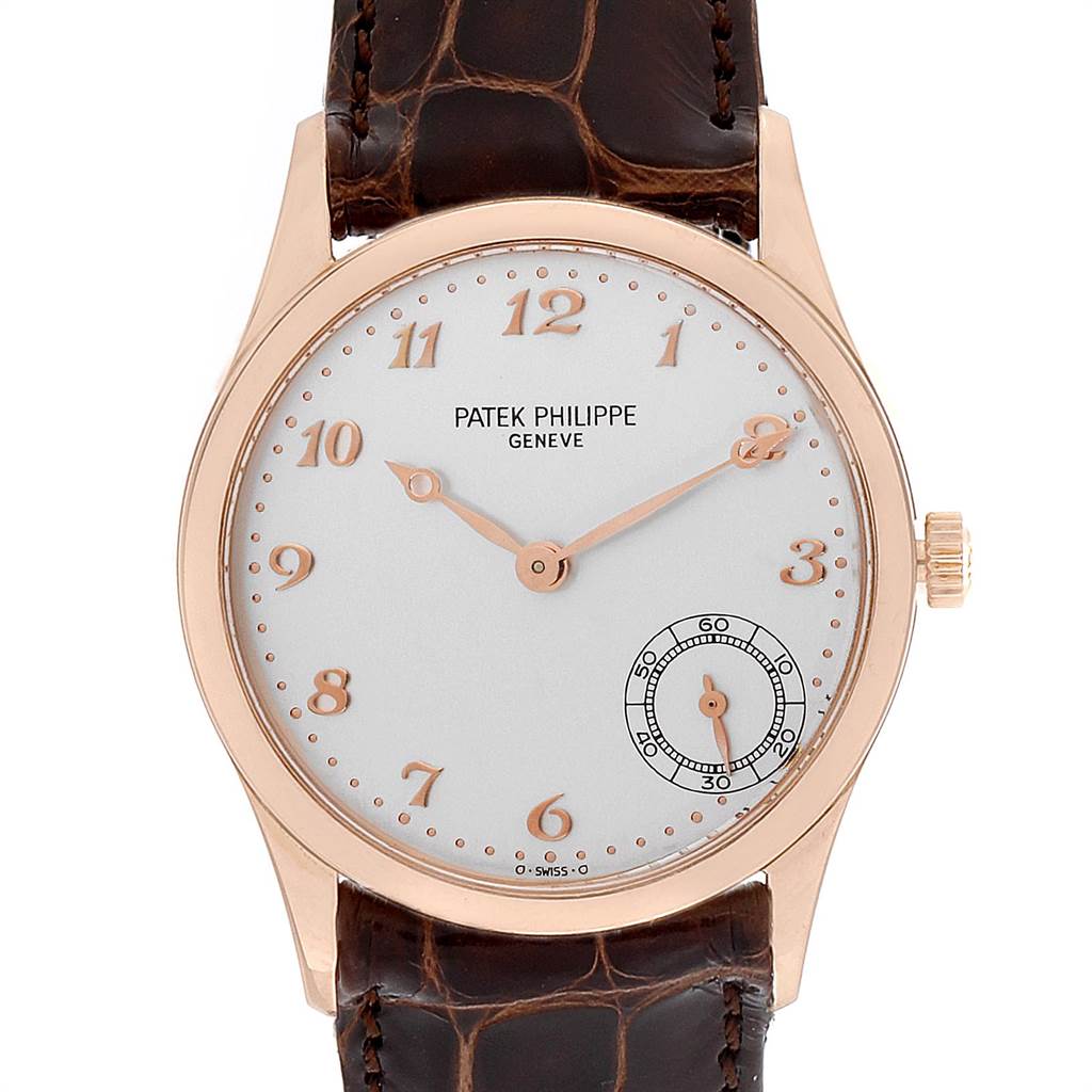 This image shows a front view of a Patek Philippe Calatrava 5026R Men
s Rose Gold Silver Dial 5026R Men
s Rose Gold Silver Dial watch, highlighting its dial, hands, and strap.