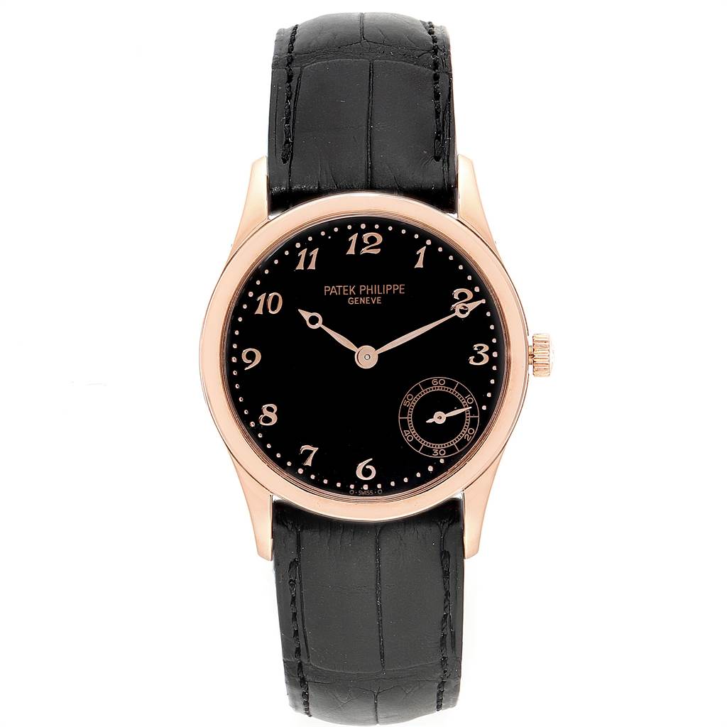 The image shows a front view of the Patek Philippe Calatrava 5026R Men's Rose Gold Black Dial 5026R Men's Rose Gold Black Dial watch with a black dial and black leather strap.