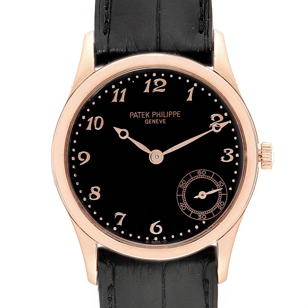 The image shows a front view of a Patek Philippe Calatrava 5026R Men's Rose Gold Black Dial 5026R Men's Rose Gold Black Dial watch featuring a black dial and leather strap.