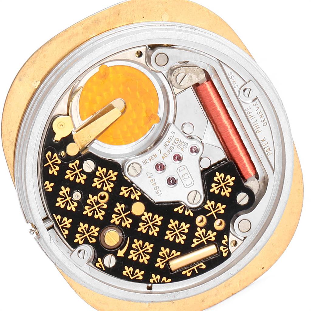 This is a close-up view of the inner mechanism of the Patek Philippe Golden Ellipse 3747 Men
s Yellow Gold Blue Dial 3747 Men
s Yellow Gold Blue Dial model watch.