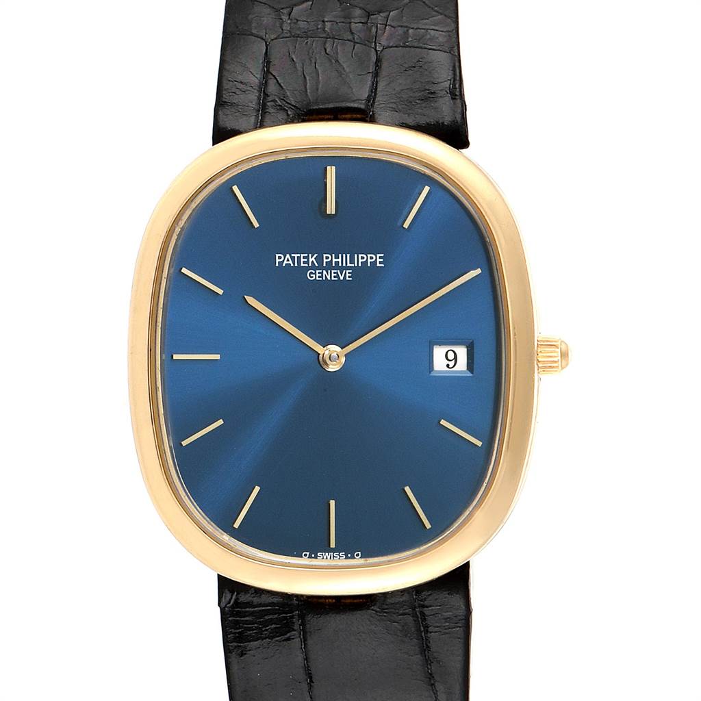 The image shows a front view of a Patek Philippe Golden Ellipse 3747 Men
s Yellow Gold Blue Dial 3747 Men
s Yellow Gold Blue Dial watch, displaying its blue dial, date feature, and black strap.