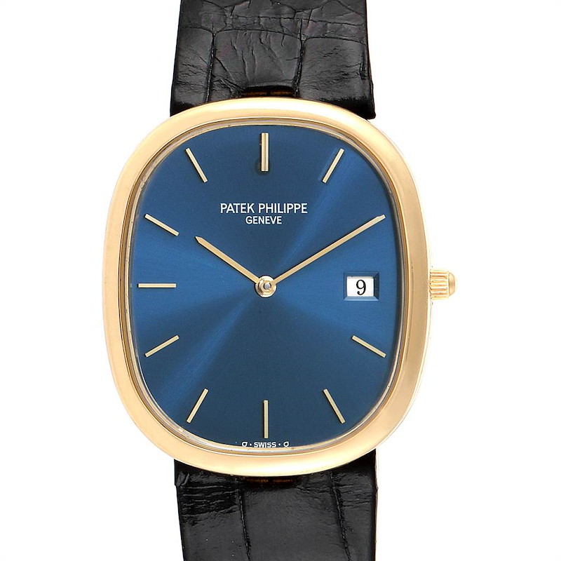 The image shows a front view of a Patek Philippe Golden Ellipse watch, displaying its blue dial, date feature, and black strap.