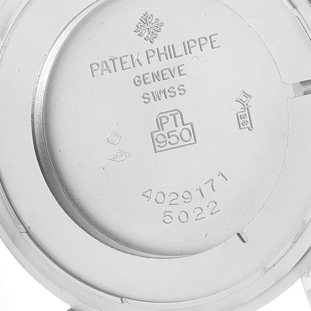 This image shows the back casing of a Patek Philippe Calatrava 5022P Men's Platinum White Dial 5022P Men's Platinum White Dial model, displaying the brand, model, and material details.
