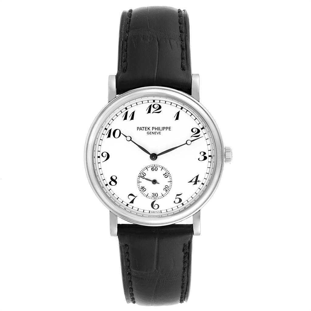 This image shows a front view of the Patek Philippe Calatrava 5022P Men's Platinum White Dial 5022P Men's Platinum White Dial watch with a white dial and black leather strap.