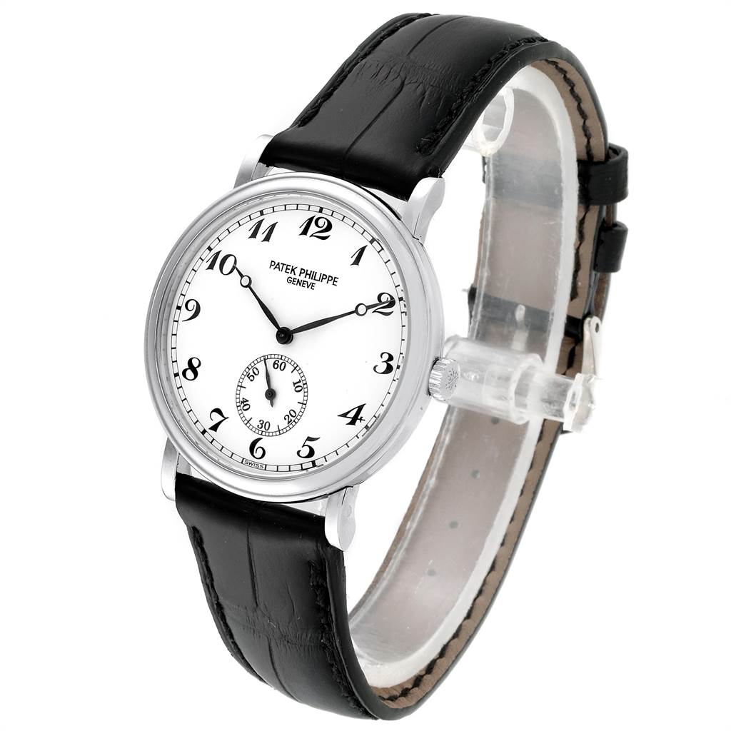The Patek Philippe Calatrava 5022P Men's Platinum White Dial 5022P Men's Platinum White Dial watch is shown at a slight angle, displaying the dial, leather strap, crown, and lugs.