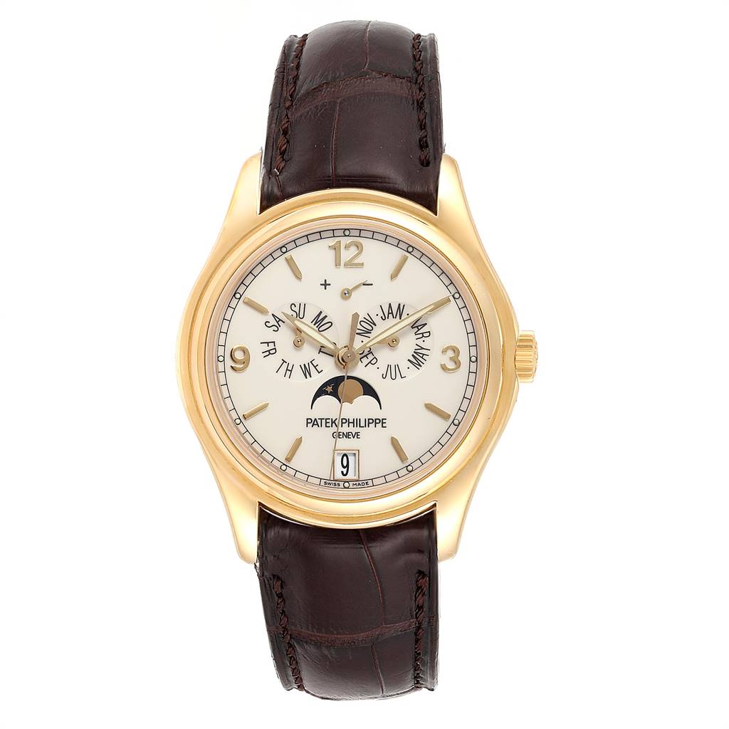 The image shows a front view of a Patek Philippe 5146J Men
s Yellow Gold Beige Dial 5146J Men
s Yellow Gold Beige Dial Complicated Annual Calendar Yellow Gold Men
s Watch 5146J with its dial, hands, and strap visible.