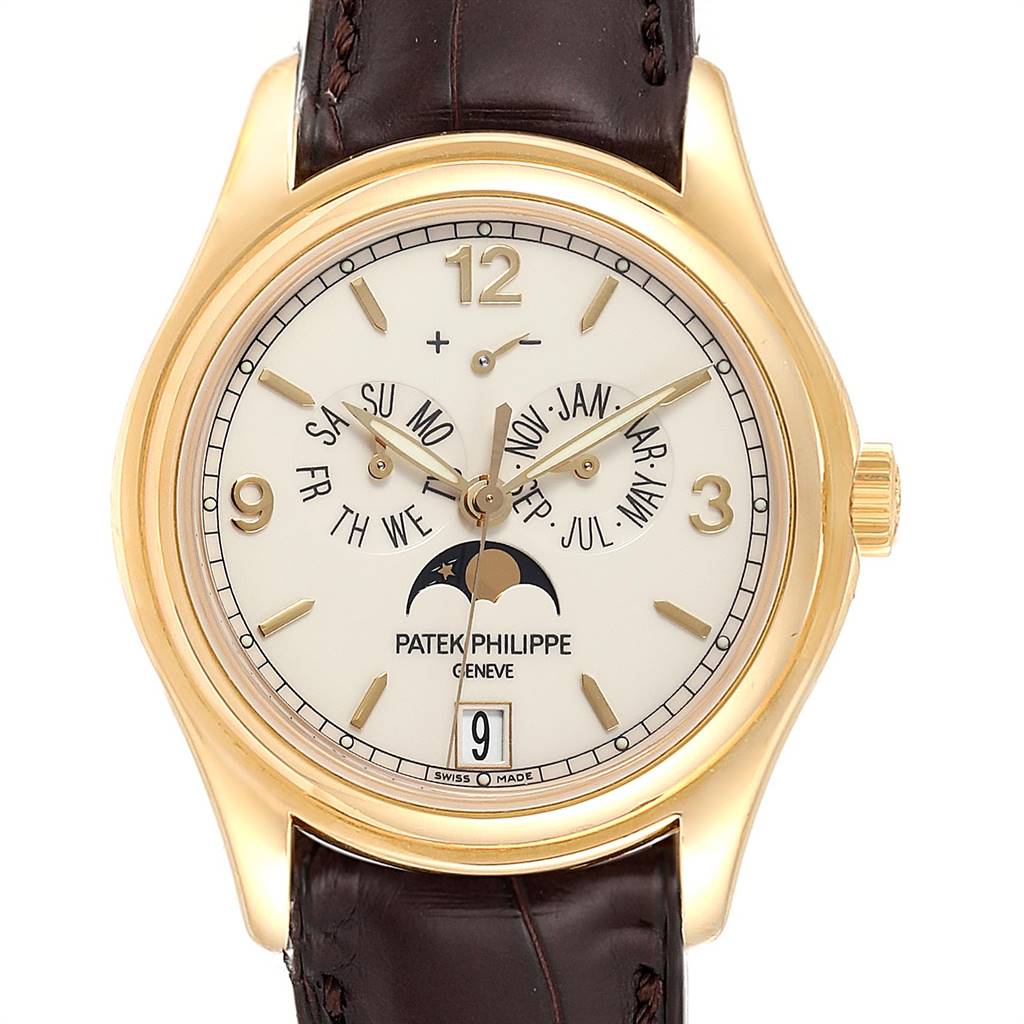 The image shows a frontal view of the Patek Philippe 5146J Men
s Yellow Gold Beige Dial 5146J Men
s Yellow Gold Beige Dial Complicated Annual Calendar Yellow Gold Men
s Watch 5146J model, highlighting the dial and complications.