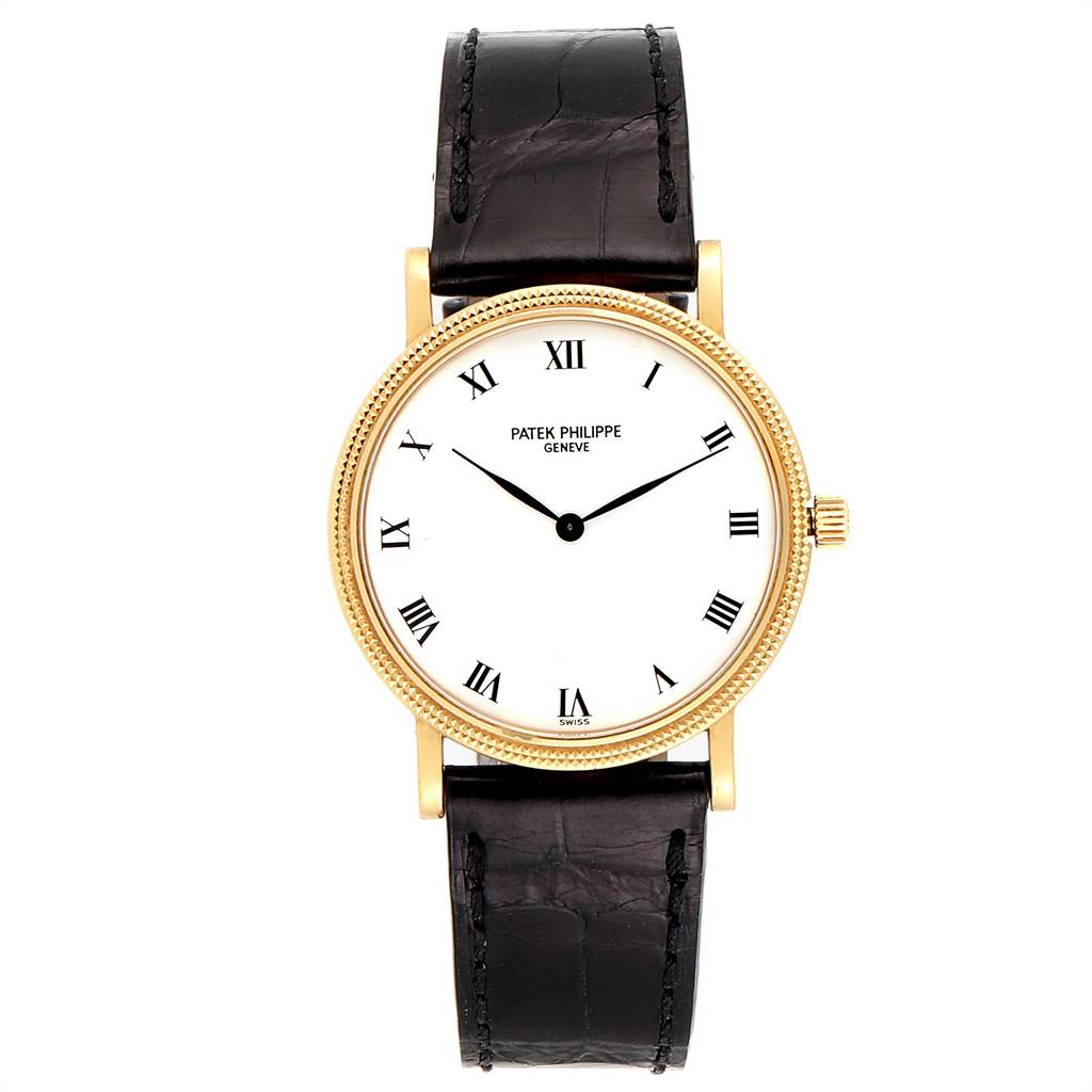 The image shows a front view of the Patek Philippe Calatrava 3992 Men's Yellow Gold White Dial 3992 Men's Yellow Gold White Dial watch, featuring a gold case, white dial with Roman numerals, and a black leather strap.