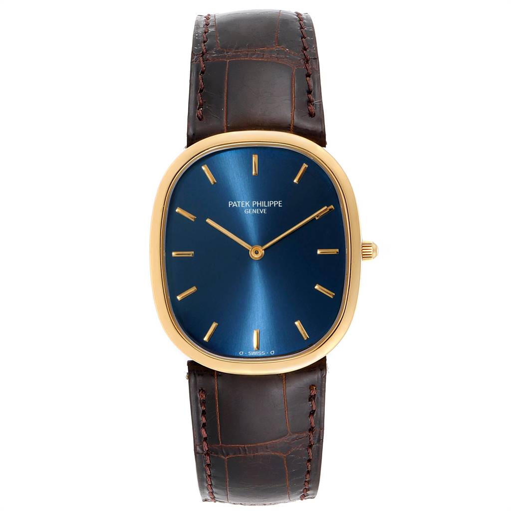 The image shows a front view of the Patek Philippe Golden Ellipse 3738 Men's Yellow Gold Blue Dial 3738 Men's Yellow Gold Blue Dial watch, featuring its blue dial, gold case, and brown leather strap.