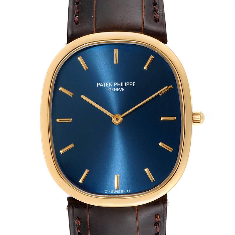 Patek Philippe Golden Ellipse Yellow Gold Blue Dial Watch 3738 Papers SwissWatchExpo