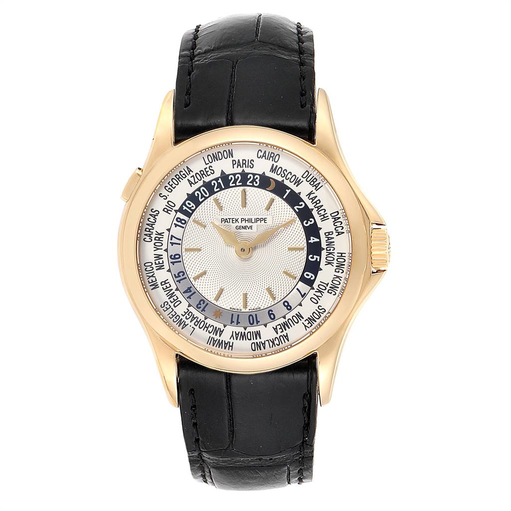 This is a top view of the Patek Philippe Complications 5110J Men's Yellow Gold Silver Dial 5110J Men's Yellow Gold Silver Dial model watch, showing the dial, hands, case, crown, and strap.