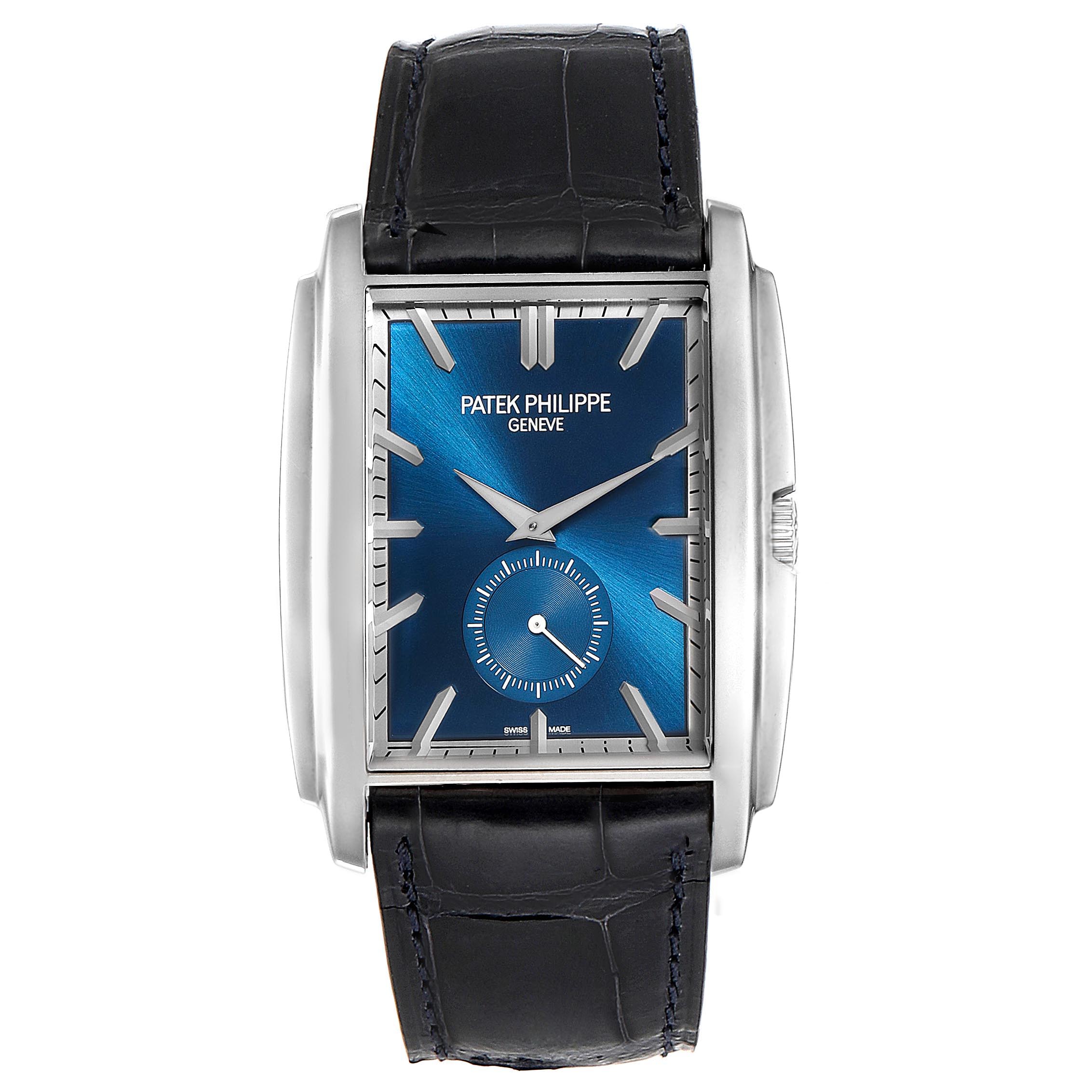 This image shows a Patek Philippe Gondolo 5124G Men's White Gold Blue Dial 5124G Men's White Gold Blue Dial watch from a front angle, highlighting its blue dial and black leather strap.