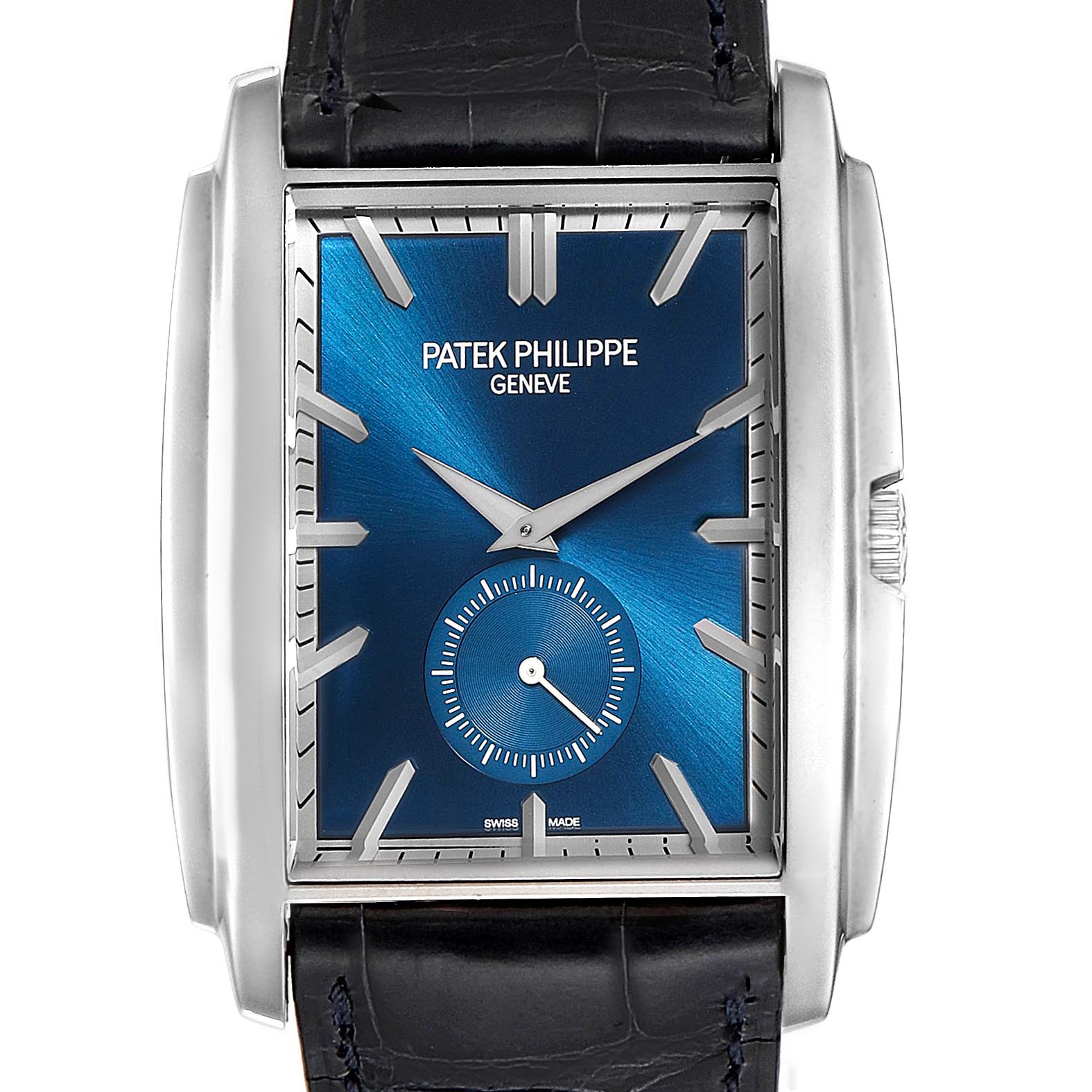 The image shows a front view of a Patek Philippe Gondolo 5124G Men's White Gold Blue Dial 5124G Men's White Gold Blue Dial watch with a blue dial and leather strap.