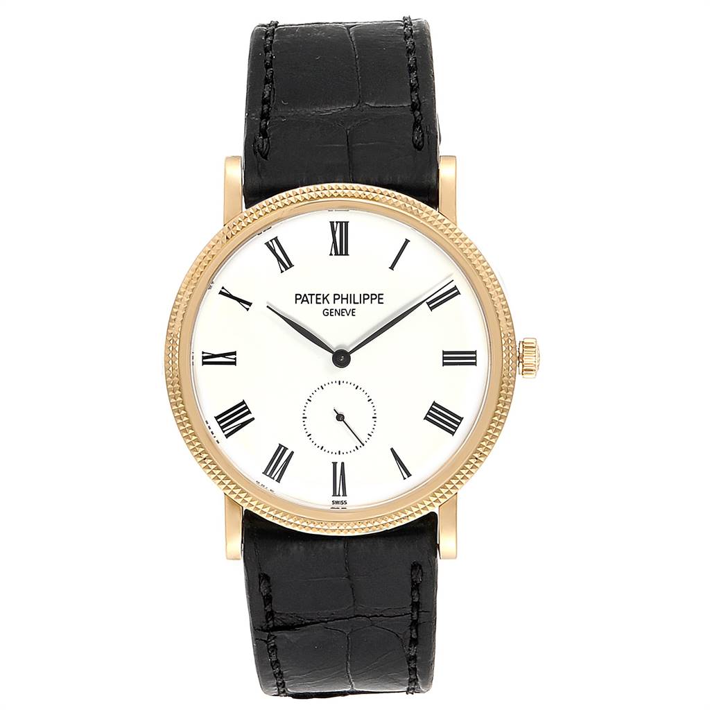 This image shows a front view of the Patek Philippe Calatrava 5119J Men's Yellow Gold White Dial 5119J Men's Yellow Gold White Dial watch with a white dial, Roman numerals, and a black leather strap.
