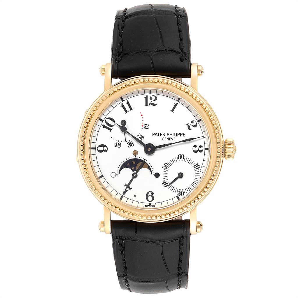 The image shows a front view of the Patek Philippe Calatrava 5015 Men's Yellow Gold White Dial 5015 Men's Yellow Gold White Dial watch, displaying its dial, hands, subdials, bezel, and black leather strap.