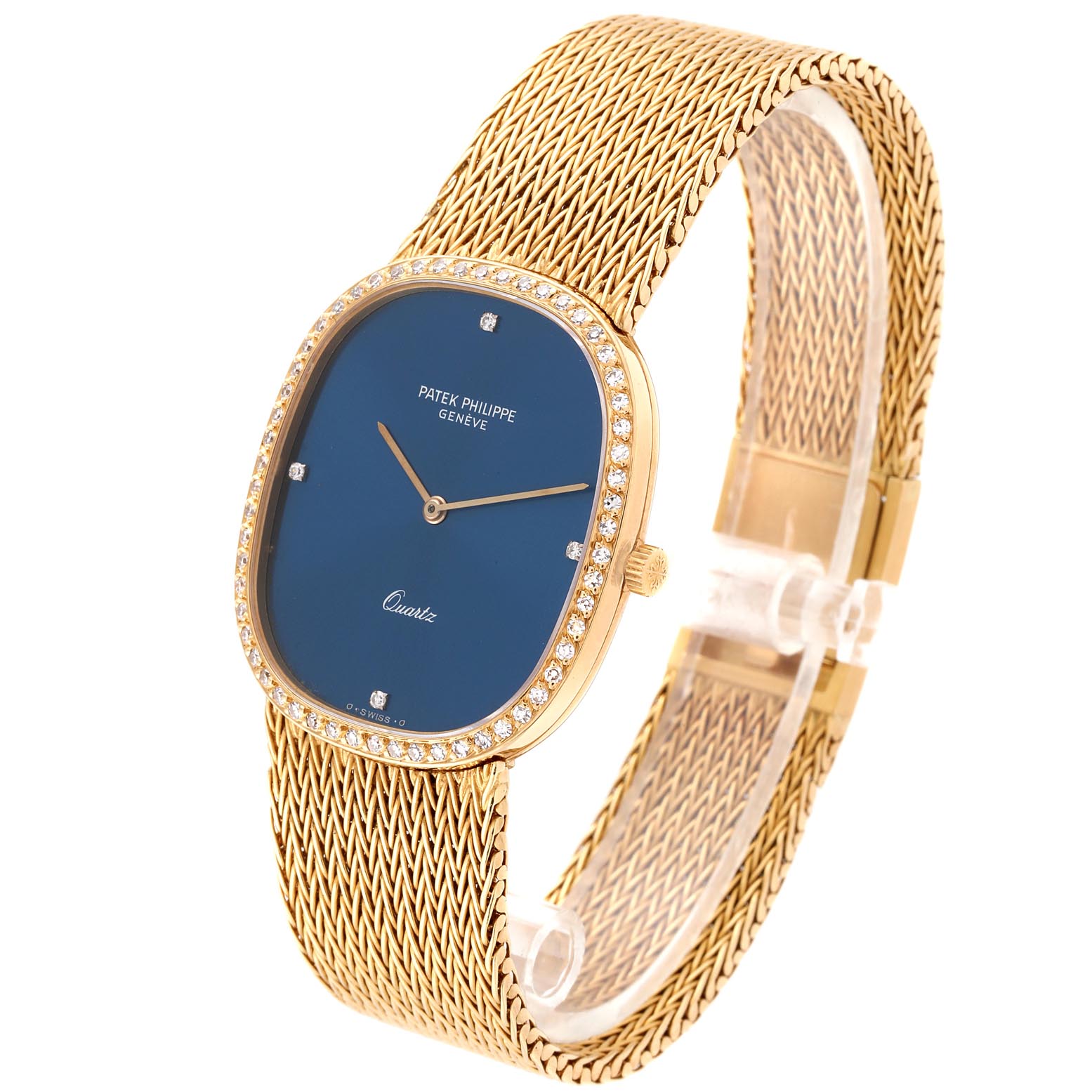 The Patek Philippe Golden Ellipse 3875 Men's Yellow Gold Blue Dial 3875 Men's Yellow Gold Blue Dial watch is shown at a slight angle displaying the blue dial, gold case with diamond bezel, and gold mesh bracelet.