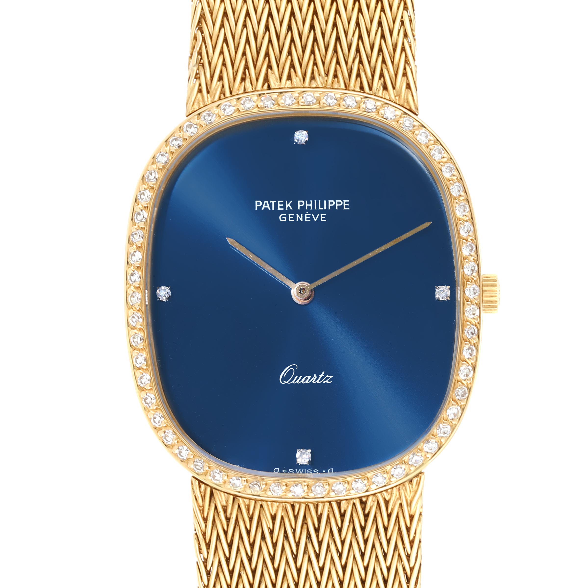 The image shows a frontal view of the Patek Philippe Golden Ellipse 3875 Men's Yellow Gold Blue Dial 3875 Men's Yellow Gold Blue Dial watch, highlighting its blue dial, diamond-set bezel, and gold mesh strap.