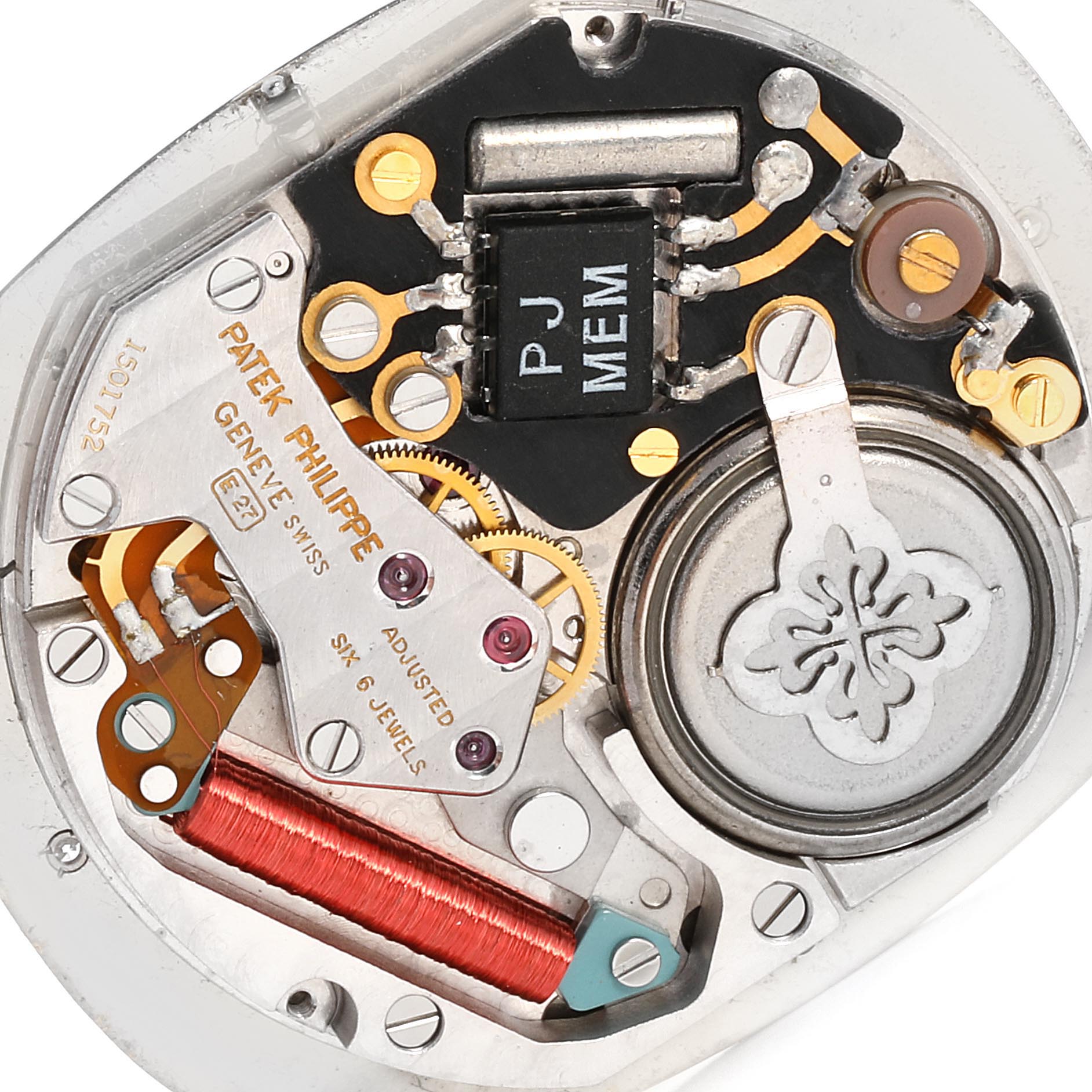 This image shows the inner mechanical components of a Patek Philippe Golden Ellipse 3875 Men's Yellow Gold Blue Dial 3875 Men's Yellow Gold Blue Dial watch from a top-down angle.