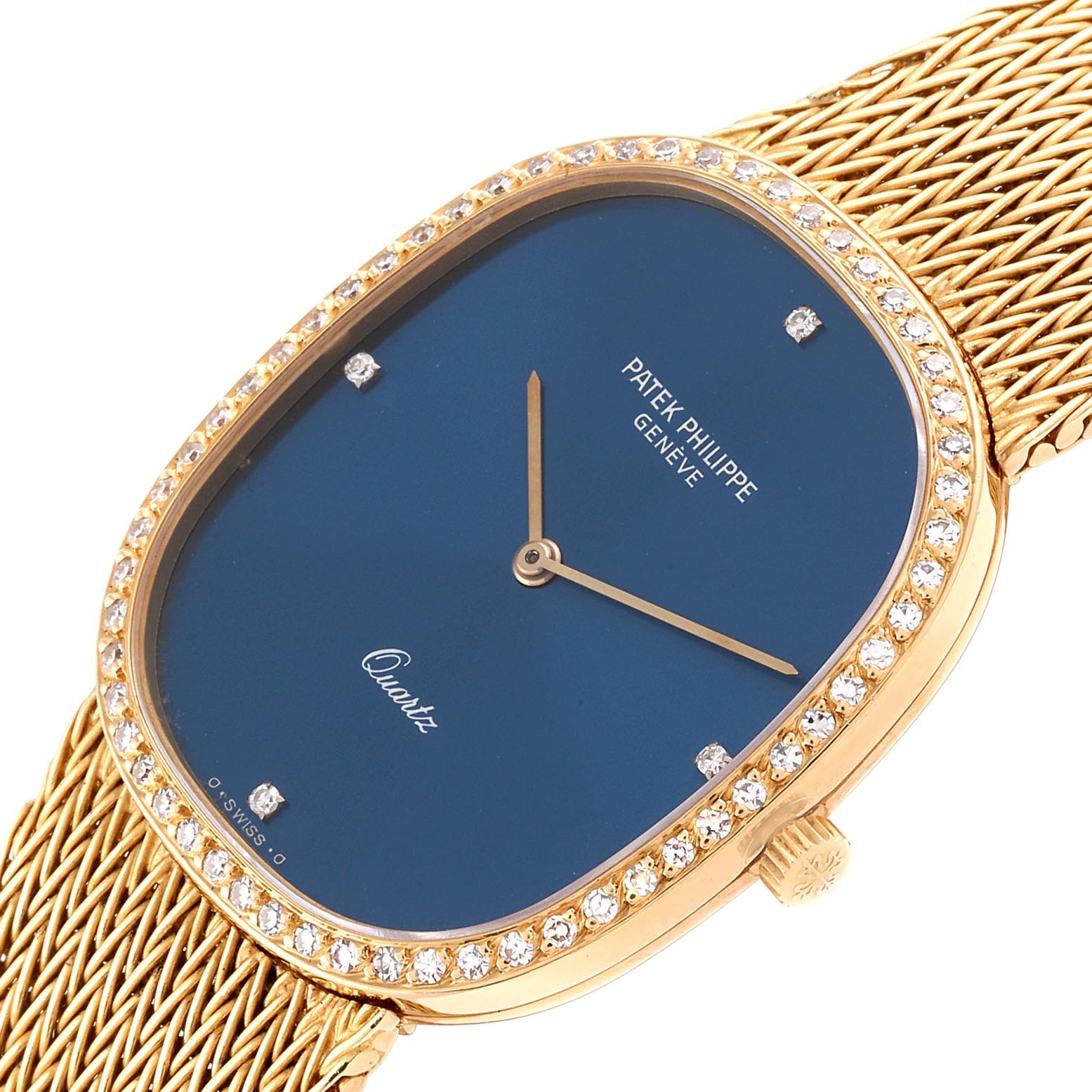 The image shows a top view of the Patek Philippe Golden Ellipse 3875 Men's Yellow Gold Blue Dial 3875 Men's Yellow Gold Blue Dial watch, highlighting its blue dial, diamond bezel, and gold bracelet.