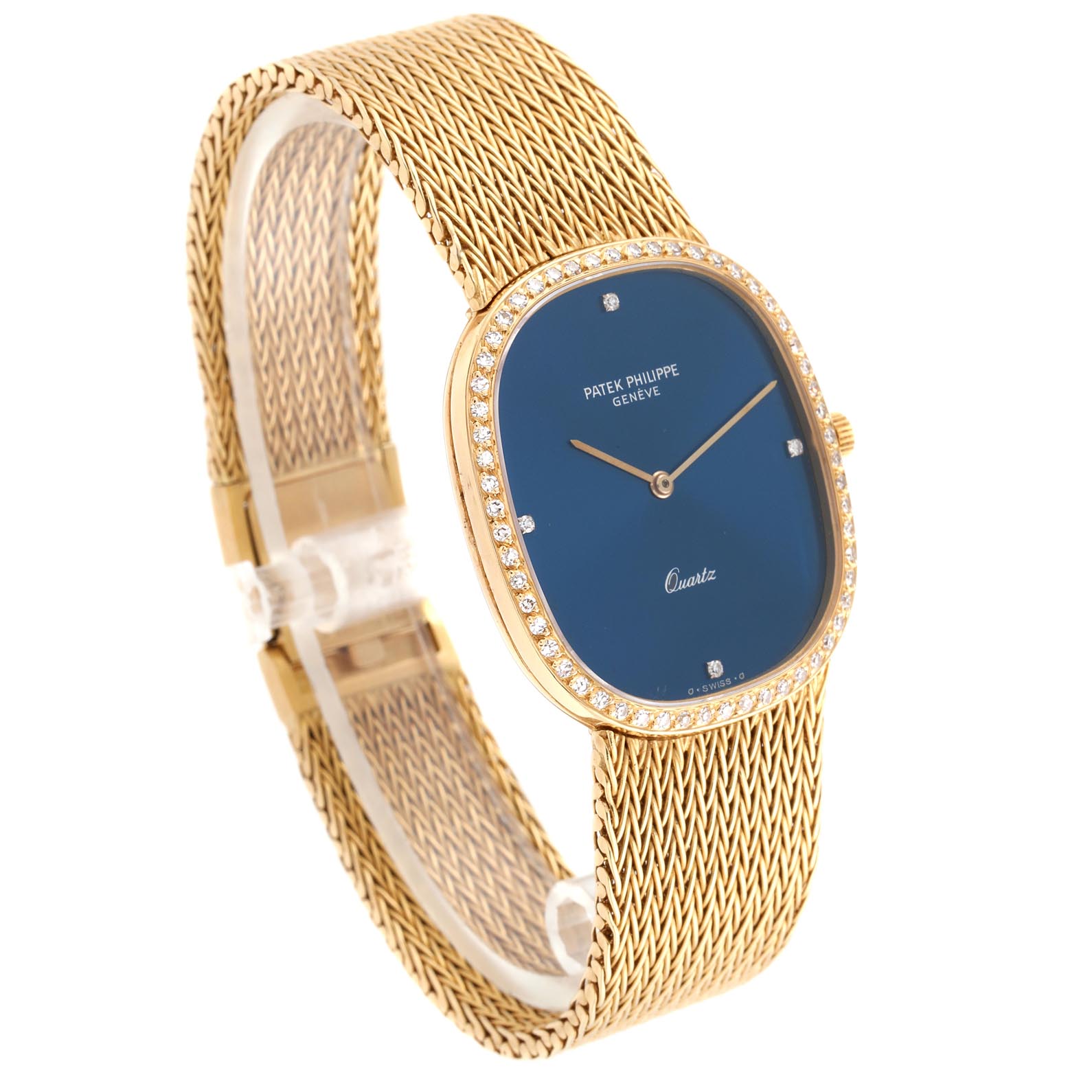 The image shows a Patek Philippe Golden Ellipse 3875 Men's Yellow Gold Blue Dial 3875 Men's Yellow Gold Blue Dial watch angled from the front-left, displaying the face, bezel, and bracelet.