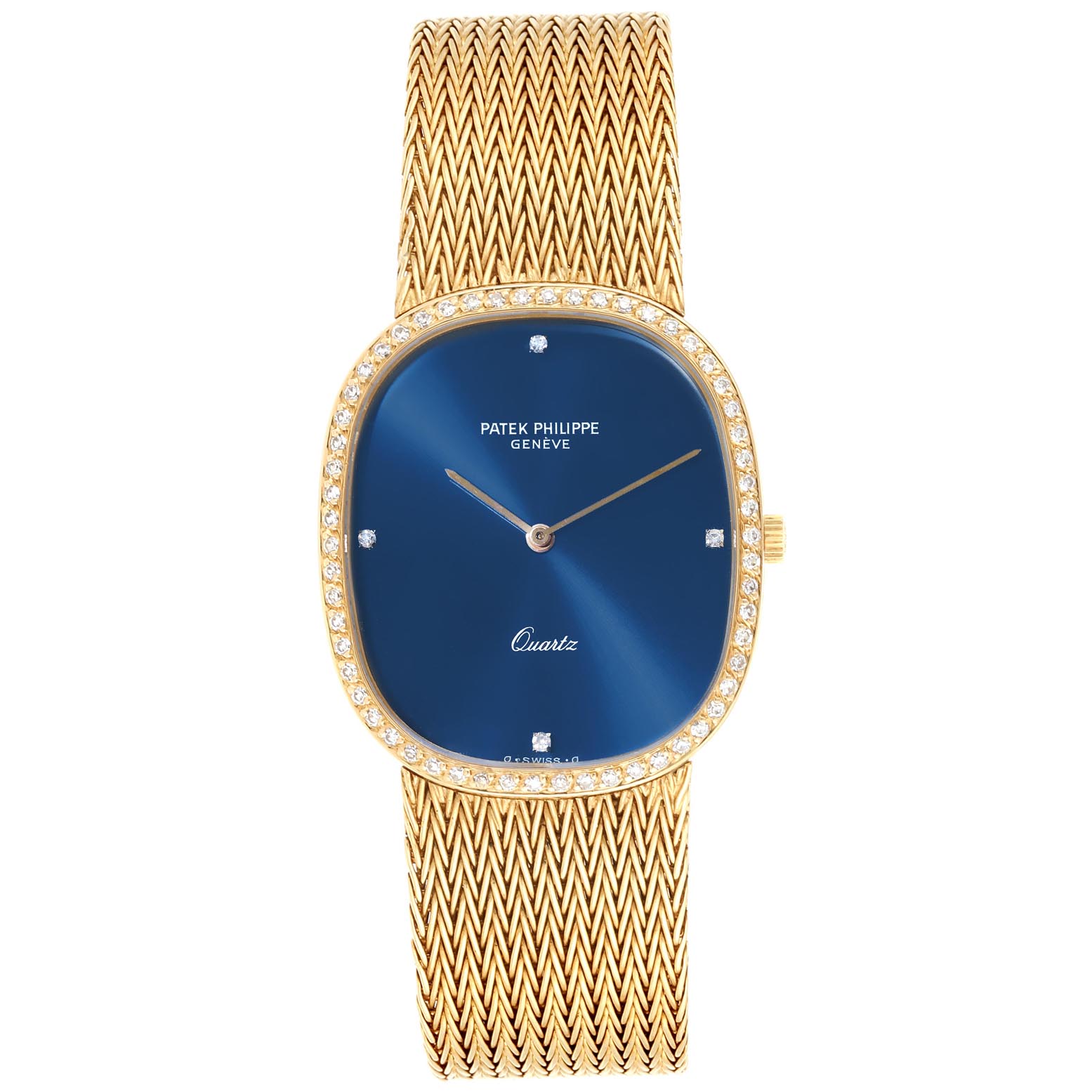 The image shows a front view of a Patek Philippe Golden Ellipse 3875 Men's Yellow Gold Blue Dial 3875 Men's Yellow Gold Blue Dial watch with a blue dial, gold case, and a gold mesh bracelet.