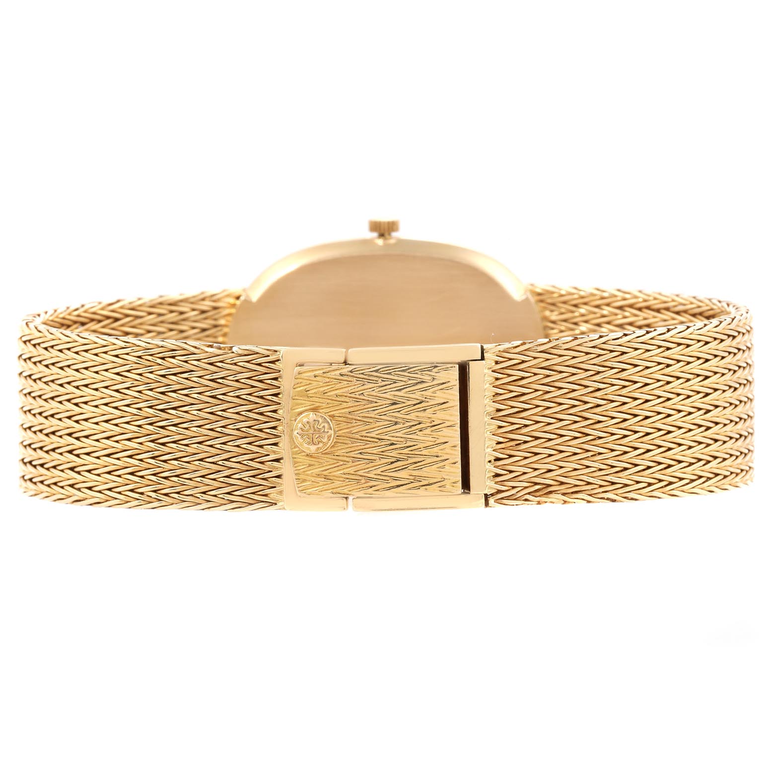 This image shows the back and clasp of a Patek Philippe Golden Ellipse 3875 Men's Yellow Gold Blue Dial 3875 Men's Yellow Gold Blue Dial watch with a gold woven bracelet.