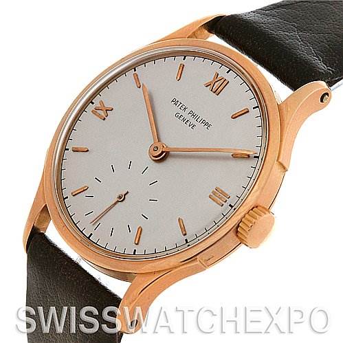 This image shows a Patek Philippe Vintage model watch from a front-left angle, highlighting its dial, crown, and strap.