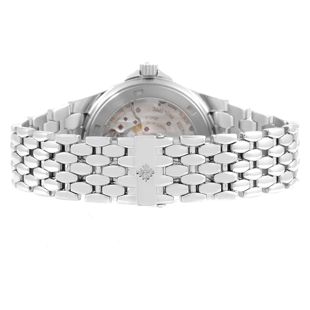 The image shows the back view of the Patek Philippe Neptune 5085A/1A-001 Men's Stainless Steel Black Dial 5085A/1A-001 Men's Stainless Steel Black Dial watch, highlighting the bracelet and clasp.