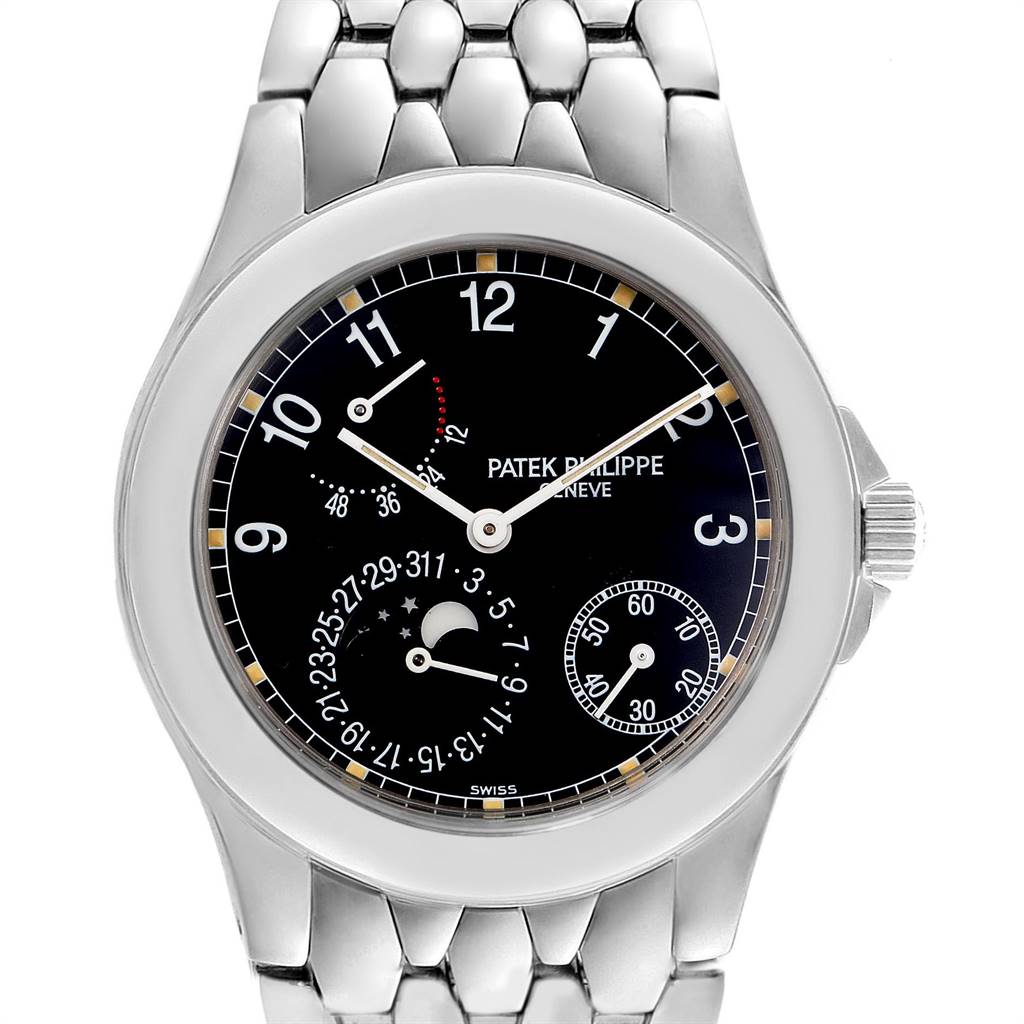 The image shows a frontal view of the Patek Philippe Neptune 5085A/1A-001 Men's Stainless Steel Black Dial 5085A/1A-001 Men's Stainless Steel Black Dial model watch, displaying its dial, bracelet, and crown.