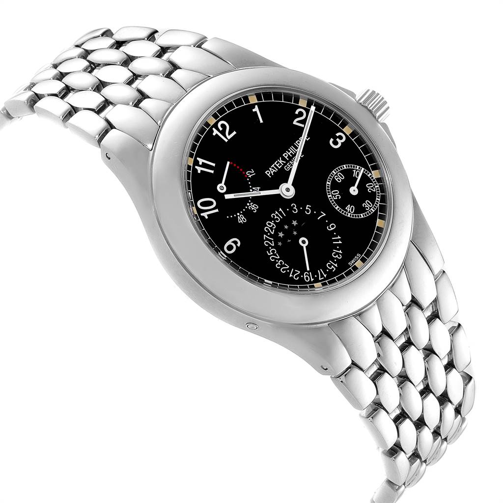 The image shows a side-angle view of a Patek Philippe Neptune 5085A/1A-001 Men's Stainless Steel Black Dial 5085A/1A-001 Men's Stainless Steel Black Dial model watch, featuring its face, case, and bracelet.